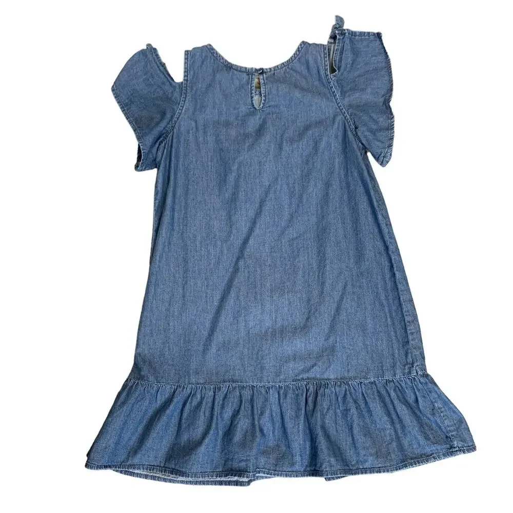 Crazy 8 Girls Chambray Denim Ruffled Aline Dress Cold Shoulder SZ 10 Cotton Blue